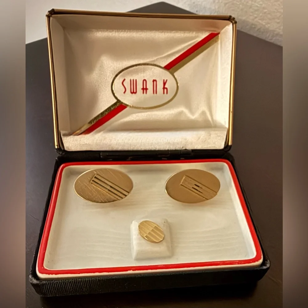 Vintage SWANK Deluxe Cufflinks & Tie Pin Set | Gold Tone | Original Box | NIB